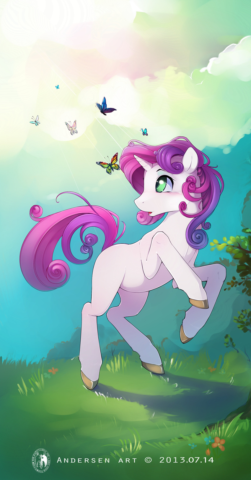 antiander arthropod blush butterfly cloud cub equine female feral friendship_is_magic grass green_eyes hair hi_res hooves horn horse insect long_hair mammal my_little_pony open_mouth outside pony purple_hair sky sweetie_belle_(mlp) unicorn white_skin young