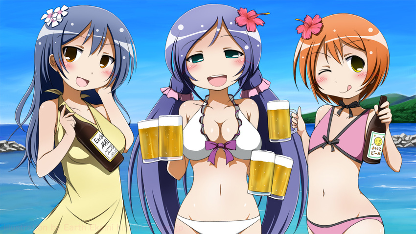 alcohol beach beer beer_mug bikini binetsu_kara_mystery blue_hair blush bottle breasts brown_eyes cleavage cup day earth_ekami flat_chest flower frilled_bikini frills green_eyes hair_flower hair_ornament highres holding holding_cup hoshizora_rin lily_white_(love_live!) long_hair looking_at_viewer love_live! love_live!_school_idol_project medium_breasts midriff multiple_girls navel ocean one_eye_closed open_mouth orange_hair outdoors purple_hair sake_bottle short_hair smile sonoda_umi swimsuit tongue toujou_nozomi water yellow_eyes