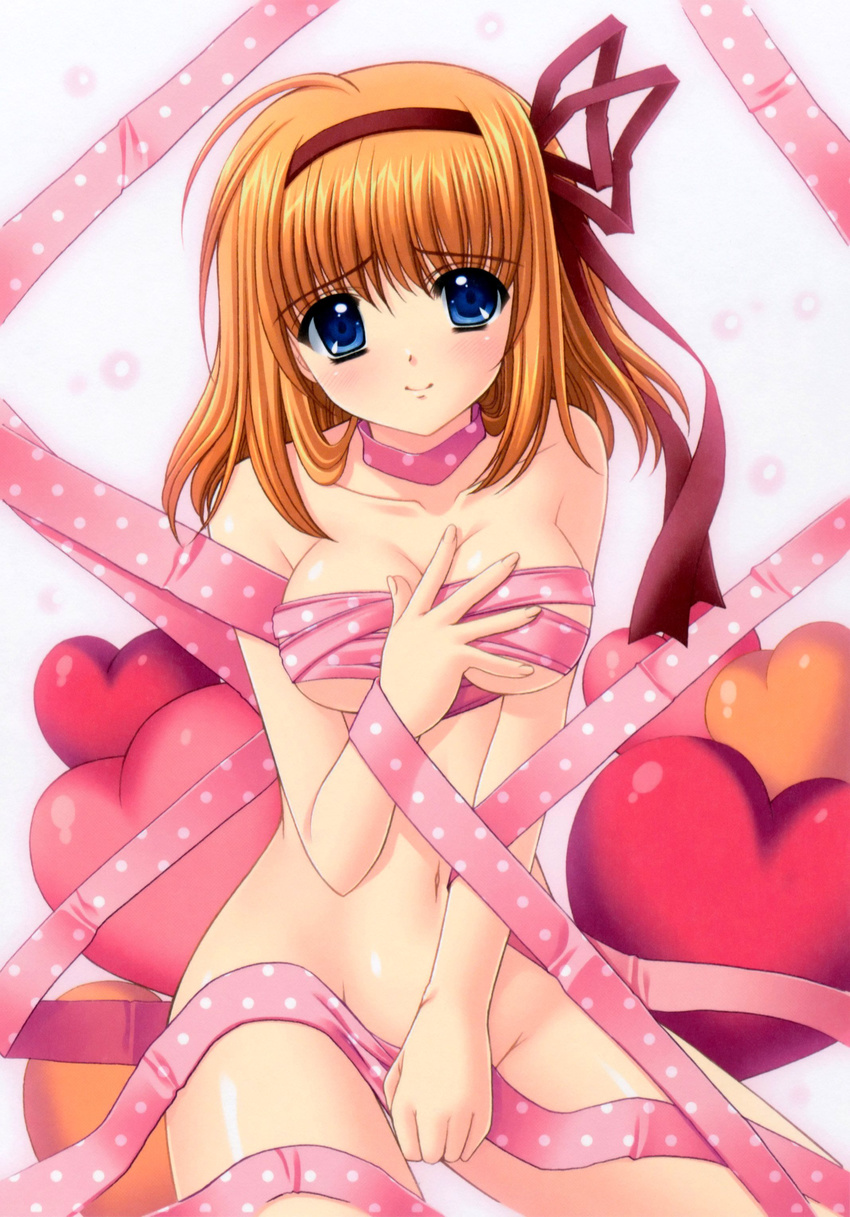 absurdres bare_shoulders blue_eyes breast_squeeze breasts brown_hair choker cleavage collarbone fuyou_kaede hand_on_own_chest heart heart_pillow highres looking_at_viewer medium_breasts naked_ribbon nishimata_aoi no_bra no_panties pillow pink_ribbon ribbon shuffle! simple_background tareme white_background
