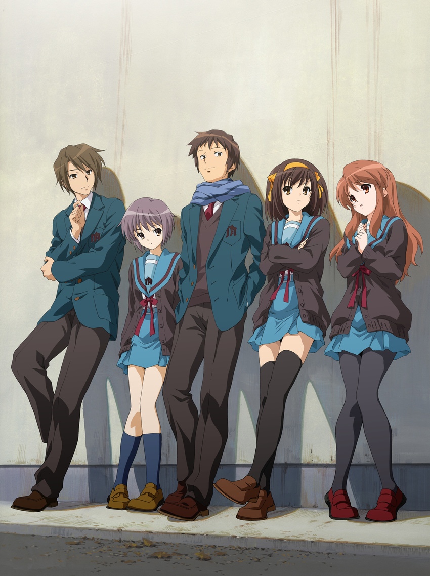 3girls absurdres asahina_mikuru black_legwear blue_skirt brown_eyes brown_hair crossed_arms detexted hair_ribbon highres kita_high_school_uniform kneehighs koizumi_itsuki kyon long_hair multiple_boys multiple_girls nagato_yuki pantyhose purple_hair red_hair ribbon scarf school_uniform serafuku short_hair skirt smile smirk suzumiya_haruhi suzumiya_haruhi_no_shoushitsu suzumiya_haruhi_no_yuuutsu thighhighs third-party_edit wall winter_uniform zettai_ryouiki