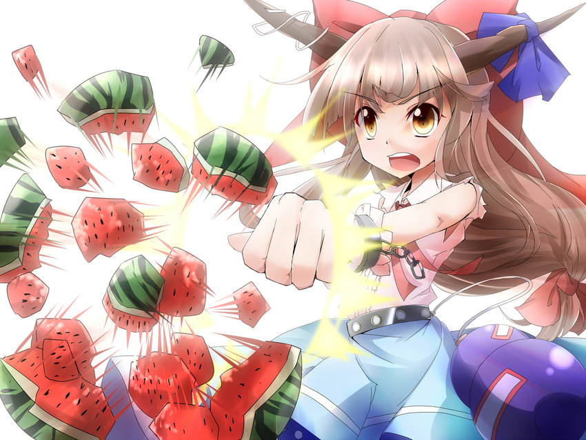 alternate_hair_color belt bow brown_hair chain clenched_hand cuffs food foreshortening fruit gourd hair_bow hiro_(pqtks113) horn_ribbon horns ibuki_suika long_hair looking_away low-tied_long_hair motion_lines object_namesake open_mouth ribbon seed shackles shattering shirt simple_background skirt sleeveless sleeveless_shirt solo touhou very_long_hair watermelon white_background yellow_eyes