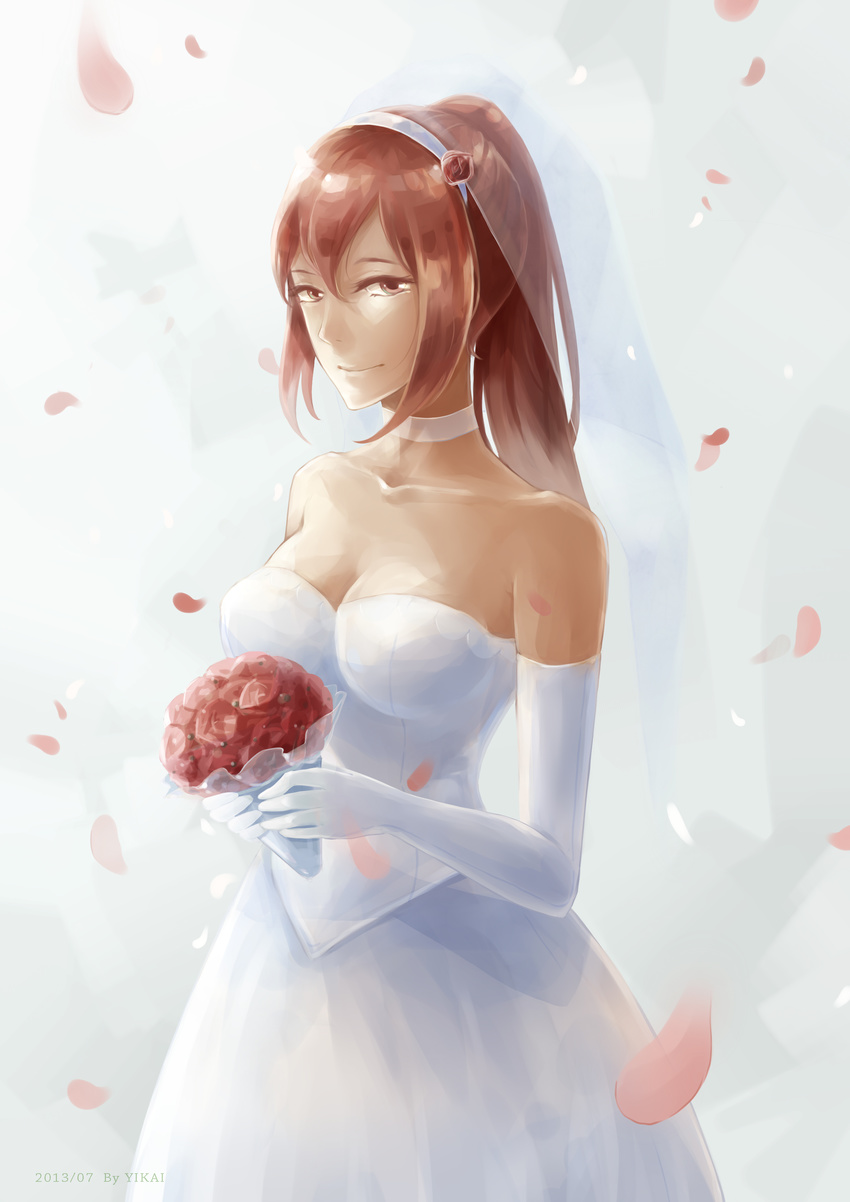 absurdres alternate_hairstyle artist_name bare_shoulders bouquet breasts bridal_veil choker cleavage dated dress elbow_gloves erza_scarlet fairy_tail flower gloves hair_flower hair_ornament highres long_hair medium_breasts petals ponytail red_eyes red_hair solo veil wedding_dress yikai