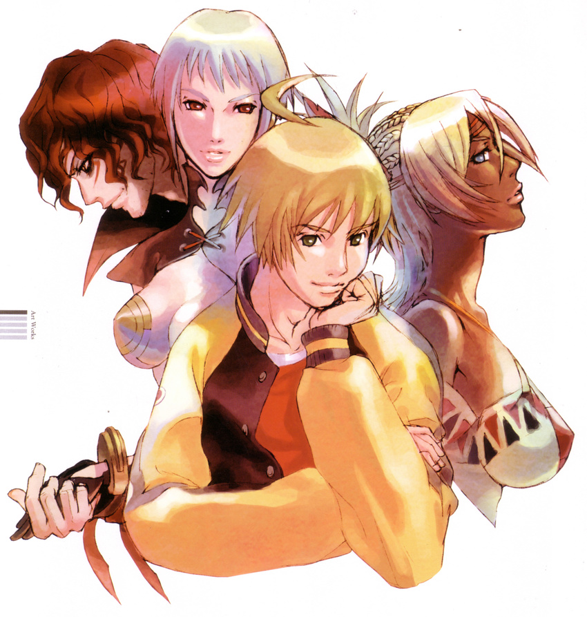 2girls absurdres artist_request blonde_hair blue_eyes breasts dark_skin hair_ornament highres johnny_garland killer_(shadow_hearts) lady_(shadow_hearts) medium_breasts multiple_boys multiple_girls official_art red_eyes red_hair scan shadow_hearts shadow_hearts_from_the_new_world shania short_hair silver_hair