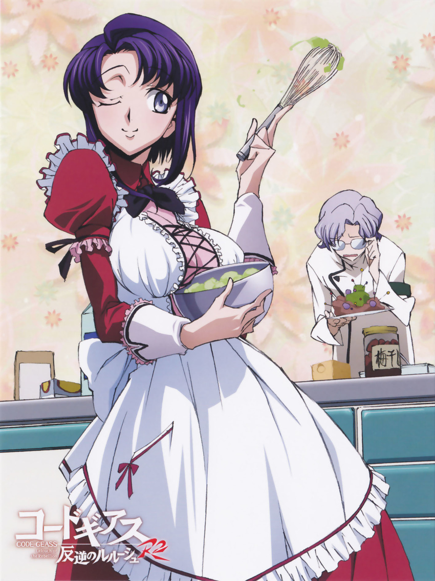 1girl alternate_costume apron artist_request bad_food blue_hair breasts cecile_croomy cleavage code_geass cooking enmaided glasses grey_hair highres large_breasts lloyd_asplund maid one_eye_closed short_hair