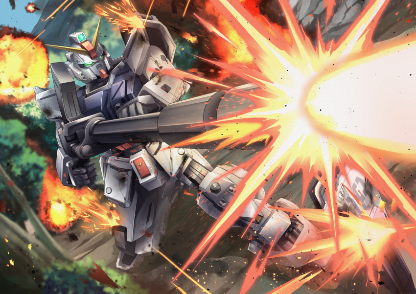 commentary_request explosion firing foreshortening green_eyes ground_gundam gun gundam gundam_08th_ms_team highres holding holding_gun holding_weapon jungle mecha mecha_focus mobile_suit nature no_humans outdoors robot science_fiction shield shining_shoot_(pose) solo standing troy_(oxaa01ex) v-fin weapon