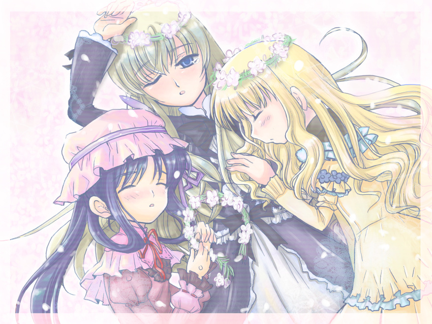 :o ;o angelica_derleth arm_up black_bow black_dress blonde_hair blue_eyes blush bow brown_hair charlotte_bronte closed_eyes closed_mouth dress eyebrows_visible_through_hair flower_wreath frilled_hat frilled_sleeves frills hair_ribbon hair_rings hat head_wreath juliet_sleeves kaimu_natsuki layered_dress leaning_forward long_hair long_sleeves looking_at_viewer mary_clarissa_christie mob_cap multiple_girls one_eye_closed open_mouth pink_background pink_hat ponytail puffy_sleeves purple_hair purple_ribbon red_ribbon ribbon shikkoku_no_sharnoth simple_background steampunk_(liarsoft) teardrop upper_body very_long_hair yellow_dress