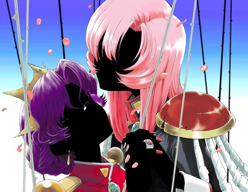 ak2 epaulettes himemiya_anthy holding_hands interlocked_fingers long_hair multiple_girls petals pink_hair purple_hair short_hair shoujo_kakumei_utena tenjou_utena