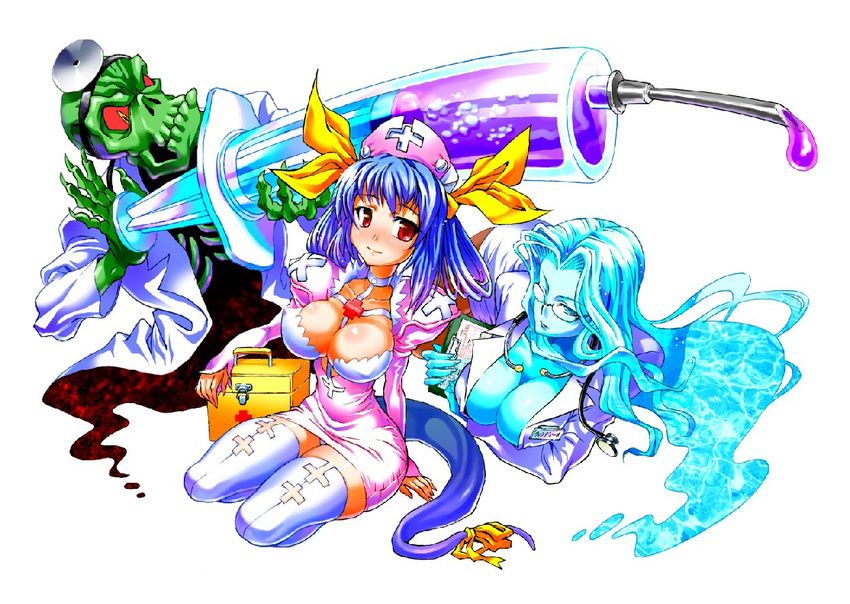 asymmetrical_wings between_breasts blue_hair blue_skin blush breasts choker cleavage clipboard covered_nipples curvy dizzy dress glasses green_skin guilty_gear hair_ribbon hat kneeling labcoat large_breasts large_syringe long_hair necro_(guilty_gear) nurse nurse_cap oversized_object panties pantyshot red_eyes ribbon short_dress skeleton skull smile stethoscope syringe tail tail_ribbon taniguchi_seima thighhighs twintails underwear undine_(guilty_gear) white_legwear white_panties wide_hips wings zettai_ryouiki
