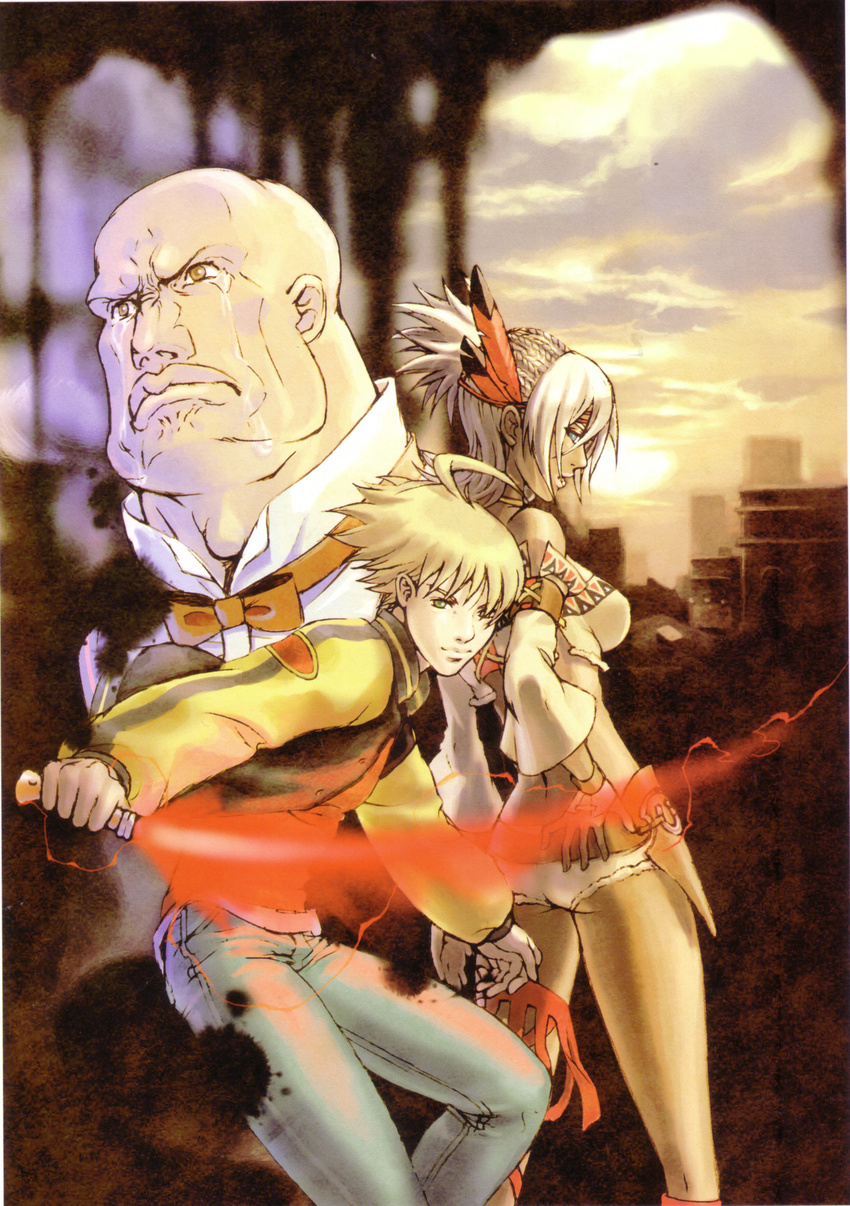 2boys absurdres artist_request ass blonde_hair blue_eyes feathers green_eyes hair_ornament highres johnny_garland lenny_curtis manly_tears multiple_boys native_american official_art scan shadow_hearts shadow_hearts_from_the_new_world shania