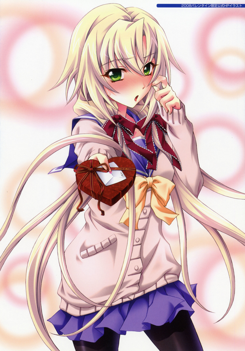 absurdres blonde_hair blush box green_eyes heart-shaped_box highres kagamigawa_chloe koshimizu_takayuki long_hair memories_off memories_off_6 pantyhose school_uniform solo twintails valentine