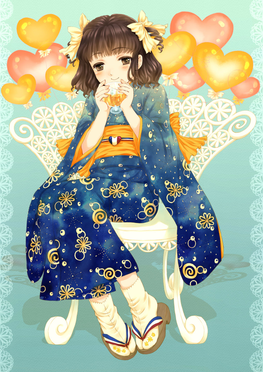 balloon blush brown_eyes brown_hair chair cup drill_hair full_body hair_ribbon heart heart_balloon highres japanese_clothes kimono mitsuha_koharu orangina ribbon sandals short_hair sitting smile solo tabi