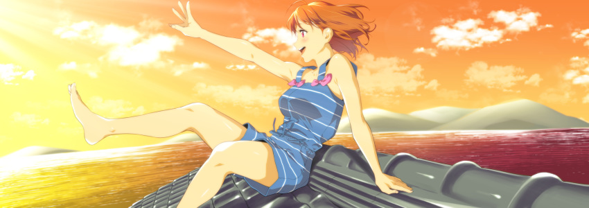 1girl :d arm_support barefoot blue_shirt blue_shorts blush breasts brown_hair cloud hand_up highres jyura looking_to_the_side love_live! love_live!_sunshine!! medium_breasts ocean off-shoulder_shirt off_shoulder on_roof open_mouth orange_sky outdoors profile red_eyes rooftop shirt short_hair shorts sitting sky smile solo sunrise takami_chika