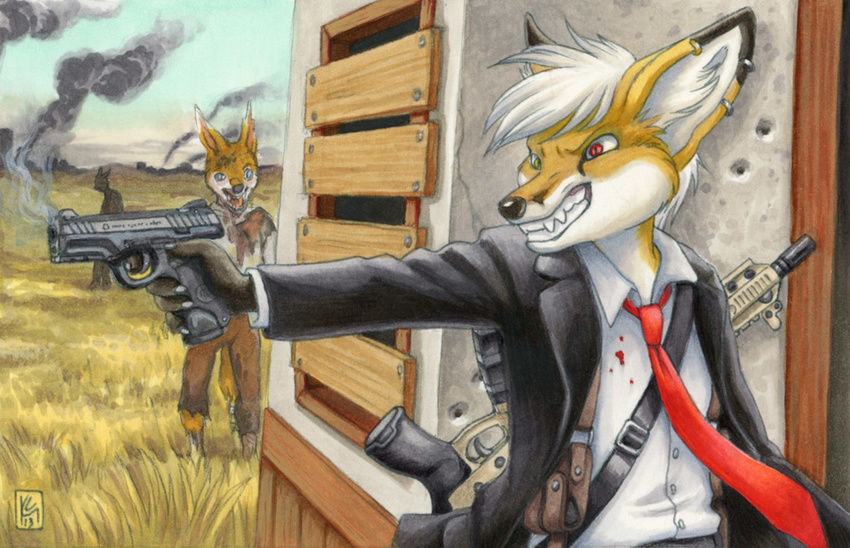 angry anthro averious blood canine ear_piercing fennec field fox group gun heterochromia holster kacey mammal necktie piercing pistol ranged_weapon rifle smile smoke suit undead walther_ppq weapon zombie zombie_apocalypse
