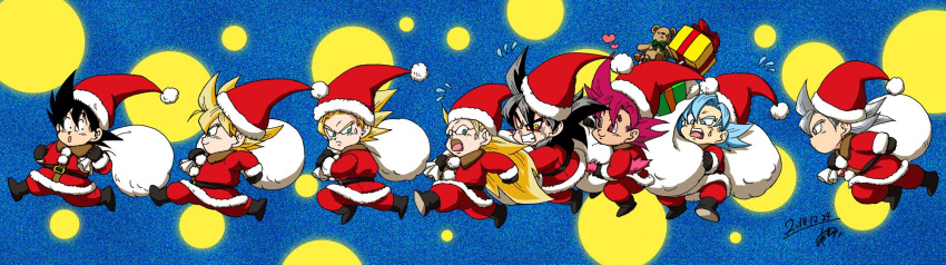 6+boys :o annoyed bag black_footwear black_gloves black_hair blue_background blue_eyes boots box chibi commentary_request d: dated dragon_ball dragon_ball_(classic) dragon_ball_gt dragon_ball_super dragonball_z eyeshadow flying frown full_body gift gift_box gloves green_eyes grey_eyes grey_hair grin hat heart highres long_hair looking_back makeup multiple_boys multiple_persona nervous open_mouth polka_dot polka_dot_background profile red_eyes red_hair running santa_boots santa_costume santa_hat short_hair signature simple_background smile son_gokuu spiked_hair spread_legs stuffed_animal stuffed_toy super_saiyan super_saiyan_2 super_saiyan_3 super_saiyan_4 super_saiyan_blue super_saiyan_god sweatdrop tail teddy_bear toy ultra_instinct upper_teeth very_long_hair yellow_eyes