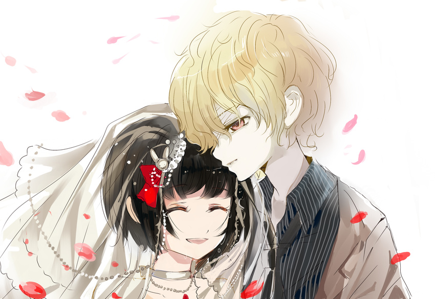 1girl ^_^ alternate_hairstyle aya_drevis bad_id bad_pixiv_id bangs black_hair blonde_hair bow bridal_veil bride choker closed_eyes collared_shirt couple dio_(mad_father) dress ears hair_bow hair_ornament hairpin happy_tears highres light_smile mad_father necktie object_spring open_mouth orange_eyes petals red_eyes shirt short_hair smile tears veil wedding_dress what_if