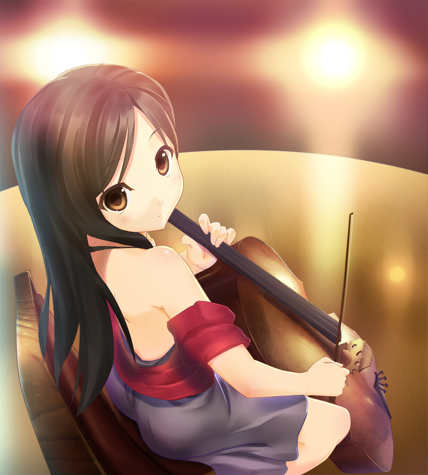 bad_id bad_pixiv_id bare_shoulders brown_eyes brown_hair cello highres instrument kittolau long_hair looking_back original sitting skirt solo