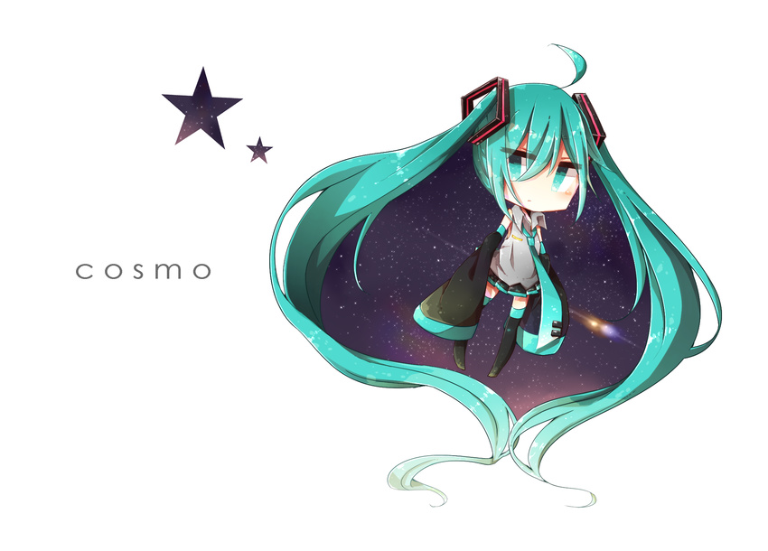 ahoge chibi detached_sleeves green_eyes green_hair harehi hatsune_miku highres long_hair necktie skirt sleeves_past_wrists solo thighhighs twintails very_long_hair vocaloid