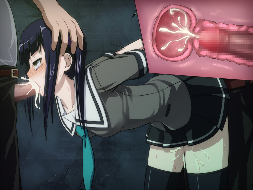 1girl black_hair blush censored cum cum_in_mouth cum_in_pussy doggystyle double_penetration faceless faceless_male female hetero hime_cut ikkitousen irrumatio oral orgasm penis saji_genpou saji_genpou_(true) saliva sex spitroast tears twintails vaginal x-ray yellow_eyes yozo_(yozo2000)