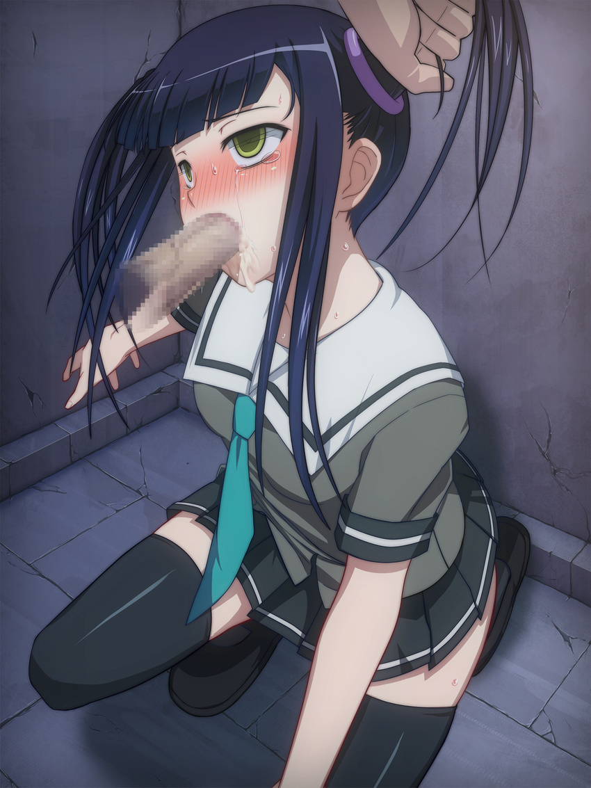 1girl black_hair blush cum fellatio female hetero hime_cut ikkitousen irrumatio oral penis romance_of_the_three_kingdoms saji_genpou saji_genpou_(true) saliva tears twintails wani_books yellow_eyes yozo_(yozo2000) zettai_ryouiki