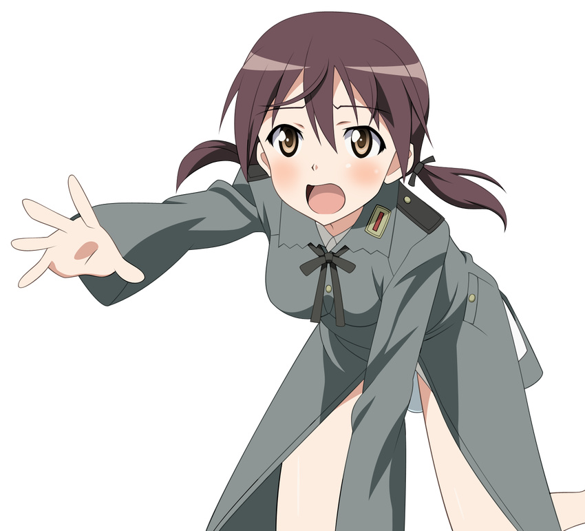 all_fours black_neckwear black_ribbon blush brown_eyes brown_hair eyebrows_visible_through_hair gertrud_barkhorn hair_between_eyes hair_ribbon highres long_sleeves neck_ribbon non-web_source open_mouth outstretched_arm panties reaching_out ribbon solo strike_witches transparent_background twintails underwear vector_trace white_panties world_witches_series