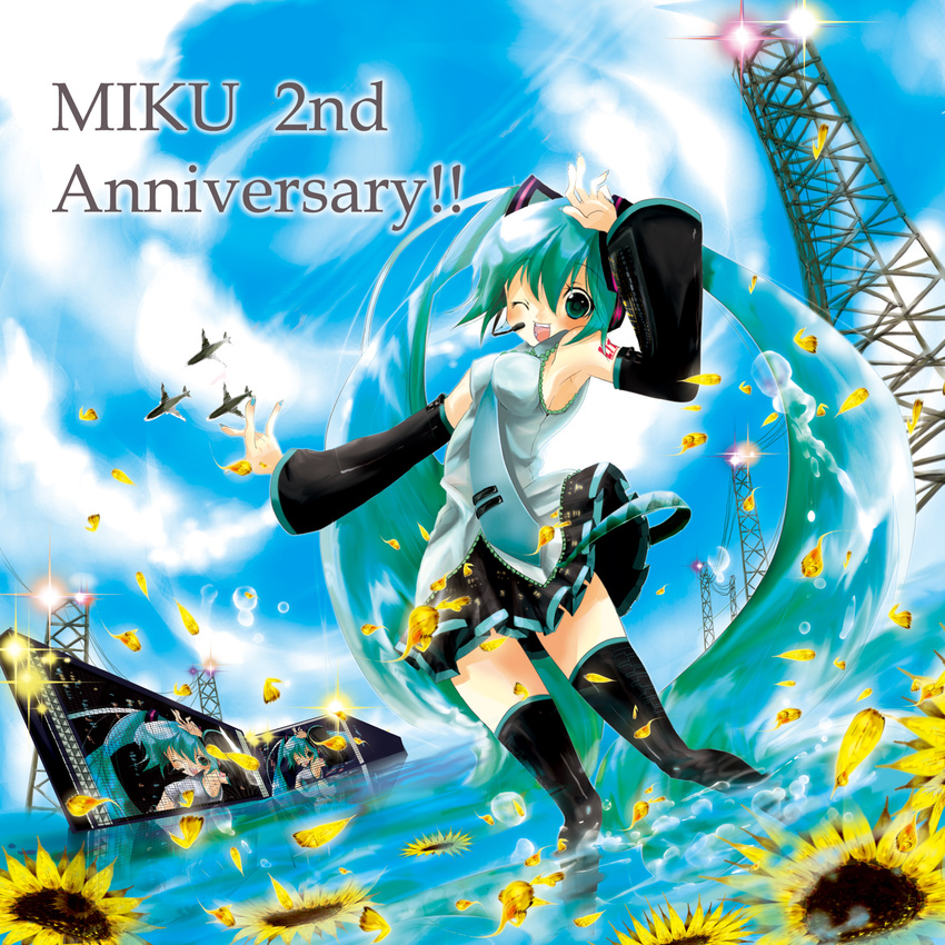 aircraft airplane aqua_eyes aqua_hair cloud day detached_sleeves flower hatsune_miku highres long_hair necktie one_eye_closed skirt sky solo sunflower thighhighs tsucaco twintails very_long_hair vocaloid water