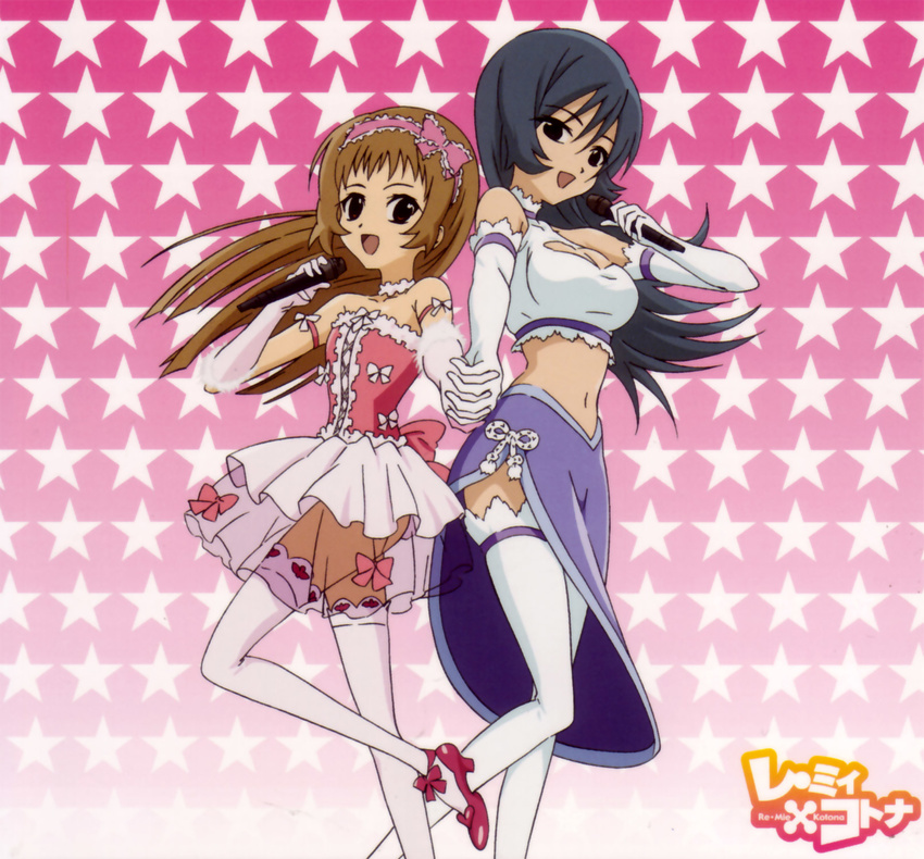 :d age_difference armband back-to-back bangs bare_shoulders black_eyes blue_hair bow breasts brown_hair choker cleavage cleavage_cutout crop_top elbow_gloves flat_chest frills fur_trim gloves gradient hairband high_heels highres holding_hands idol kotona_elegance leg_lift long_hair medium_breasts microphone midriff multiple_girls navel official_art open_mouth pleated_skirt re_mii red_eyes sakai_kyuuta scan see-through shoes side_slit skirt small_breasts smile standing standing_on_one_leg star thighhighs turtleneck white_gloves white_legwear zettai_ryouiki zoids zoids_genesis
