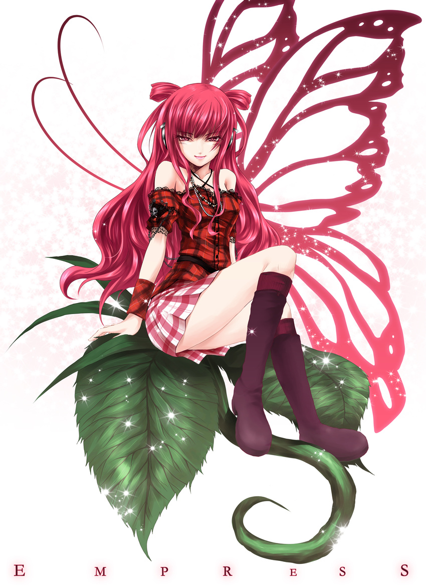 bad_id bad_pixiv_id bare_shoulders beatmania beatmania_iidx butterfly_wings fairy futami_kito gothic highres long_hair oversized_object pink_eyes red_eyes red_hair sitting skirt solo sparkle thighs two_side_up umegiri_ameto wings