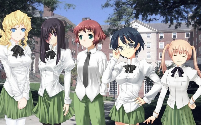 1280x800 5girls androgynous black_legwear black_thighhighs blind blonde_hair blue_eyes blue_hair bow bowtie brown_hair class closed_eyes deaf eyes_closed girl glasses green_eyes hakamichi_shizune handicapped happy ibarazaki_emi ikezawa_hanako katawa_shoujo long_hair multiple_girls necktie pants pantyhose ponytail purple_eyes purple_hair reverse_trap ribbon satou_lilly scar school school_uniform short_hair smile tezuka_rin thighhighs tomboy twintails uniform zettai_ryouiki