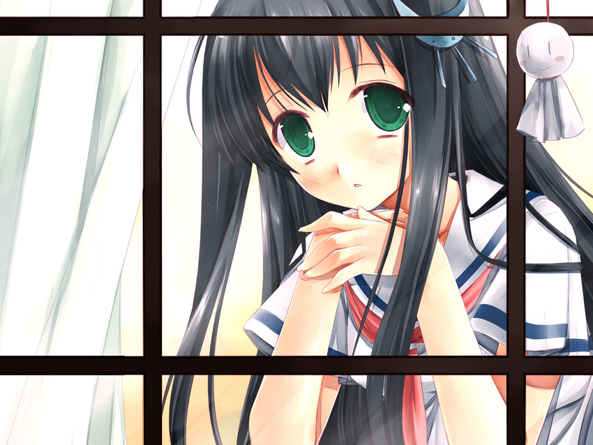 amesarasa artist_request black_hair chiyokawa_rin from_outside green_eyes hair_ornament hairclip hands_together highres looking_out_window school_uniform solo teruterubouzu wallpaper window