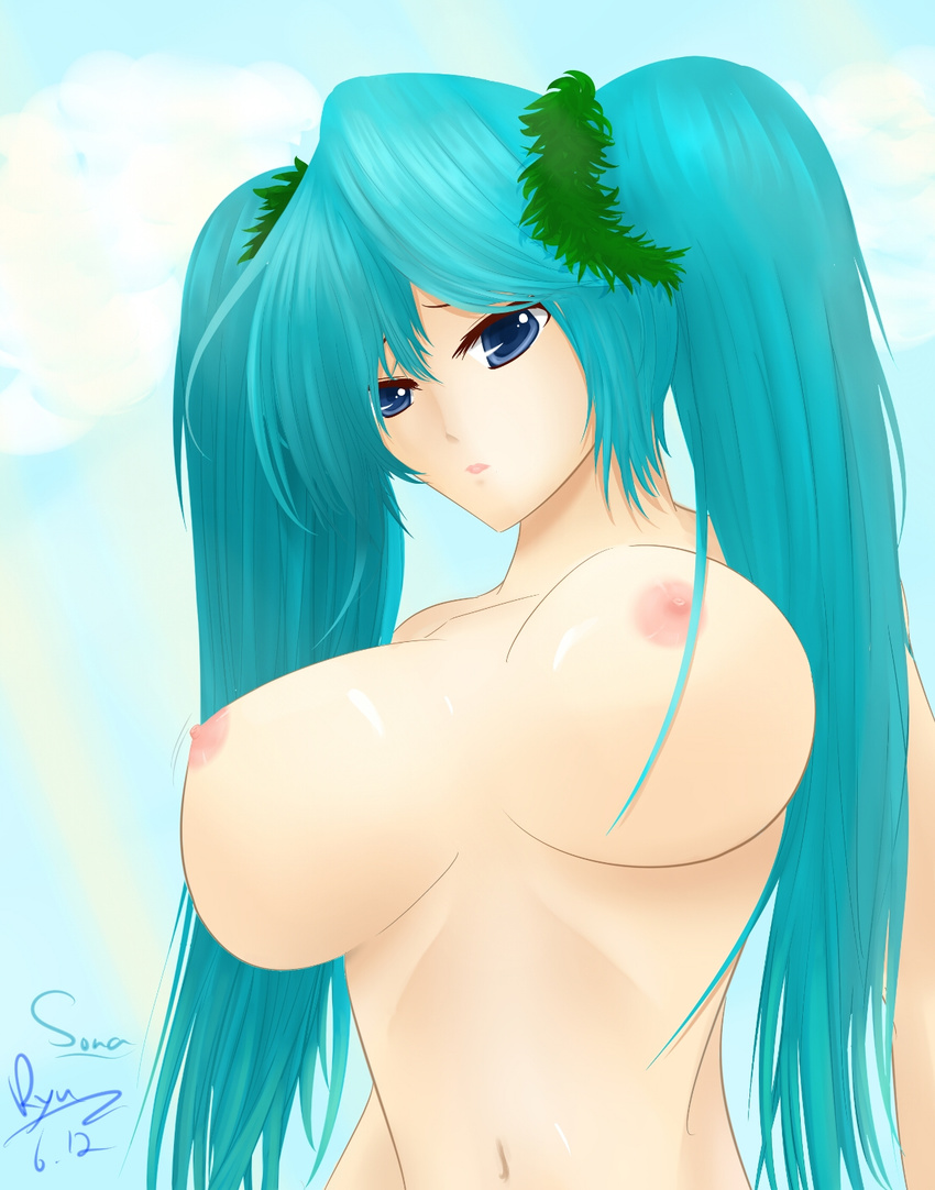 bad_id bad_pixiv_id blue_eyes blue_hair breasts highres large_breasts league_of_legends long_hair nipples nude ryu_seung solo sona_buvelle twintails very_long_hair