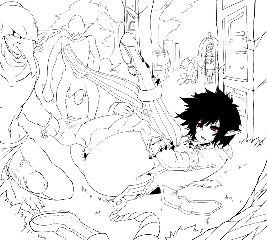 anus ass black_hair bottomless dungeon_fighter_online gaping goblin huge_penis interspecies male_focus male_mage monochrome monster multiple_boys outdoors penis red_eyes spot_color spreading undressing yaoi