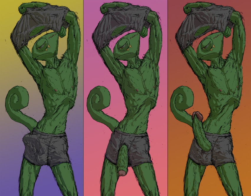 2013 anthro arms_above_head big_penis bulge chameleon clothing ducati erection flaccid leon_powalski male muscles nintendo nipples pecs penis pose raised_arm reptile scalie slim solo standing star_fox underwear undressing video_games