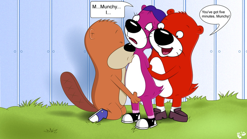 beaver black_nose brown_fur dialog english_text fairycosmo female fur hair jelly_otter male mammal munchy_beaver mustelid otter pb&amp;j_otter pb_and_j_otter peanut_otter purple_fur purple_hair red_fur rodent text