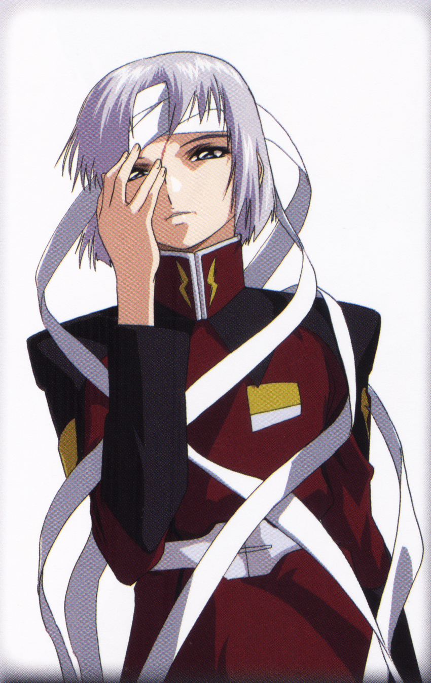 artist_request bandages blue_eyes gundam gundam_seed highres male_focus scan scan_artifacts scar silver_hair solo yzak_joule