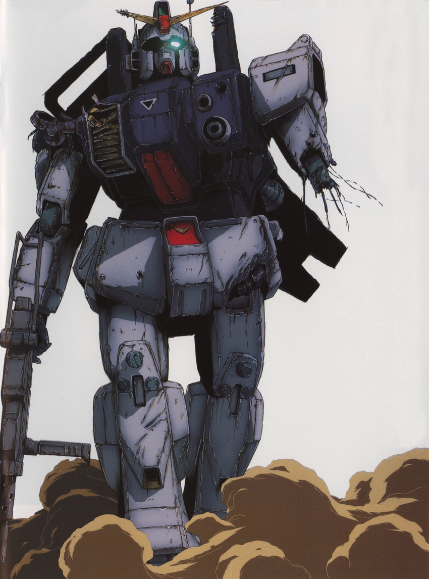 artist_request cable damaged dust ground_gundam gun gundam gundam_08th_ms_team highres machine_gun mecha no_humans rust shield solo weapon