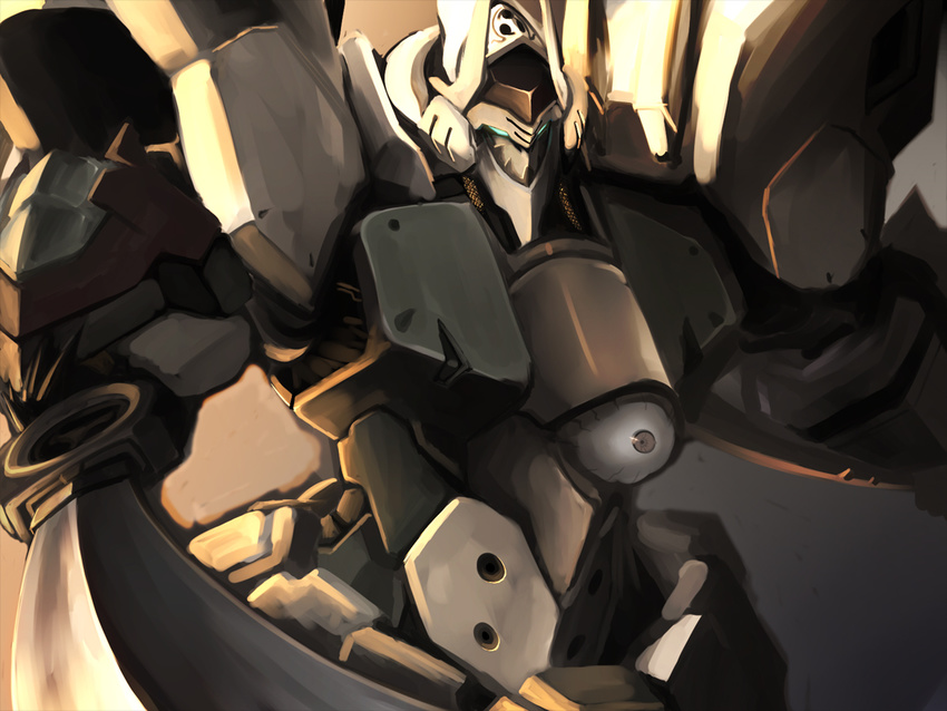 armor helmet kurogane_no_linebarrel linebarrel machinery mecha no_humans sunset weapon