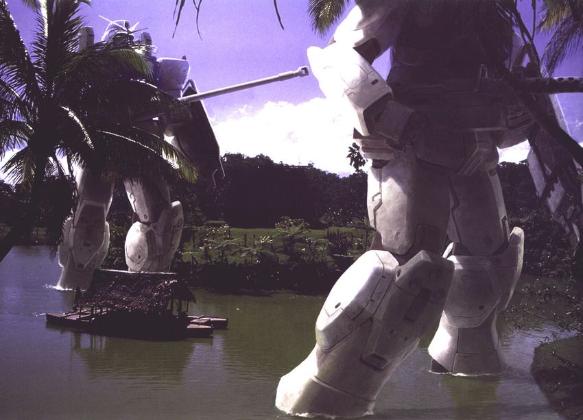 boat cannon forest ground_gundam gun gundam gundam_08th_ms_team highres machine_gun mecha nature no_humans realistic river scan shield watercraft weapon