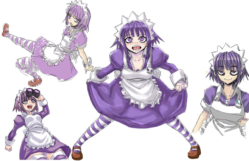 dress frills futaba_channel highres juliet_sleeves long_sleeves looking_at_viewer maid_headdress minarai multiple_views nijiura_maids puffy_sleeves purple_dress simple_background spread_legs spron striped striped_legwear thighhighs white_background yakui