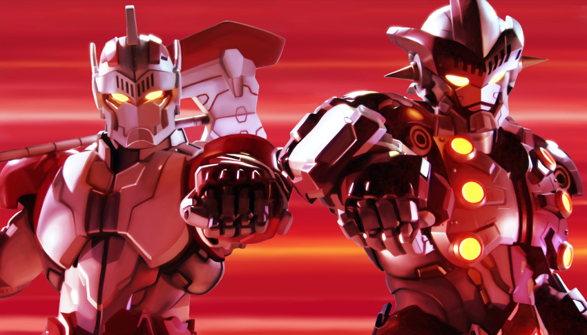 2boys arm_out_of_frame armor axe battle_axe brothers clenched_hand commentary double-sided_axe fighting_stance fumei_(mugendai) glowing glowing_chest glowing_eyes holding holding_axe holding_weapon jean-bot jean-nine looking_at_viewer male_focus mecha mecha_focus motion_lines multicolored_armor multiple_boys no_humans outstretched_arm over_shoulder photorealistic realistic red_armor red_background robot siblings side-by-side silver_armor speed_lines standing tokusatsu two-tone_armor ultra_galaxy_(series) ultra_series ultraman_zero_the_movie_choukessen!_belial_ginga_teikoku upper_body weapon weapon_over_shoulder white_armor yellow_eyes