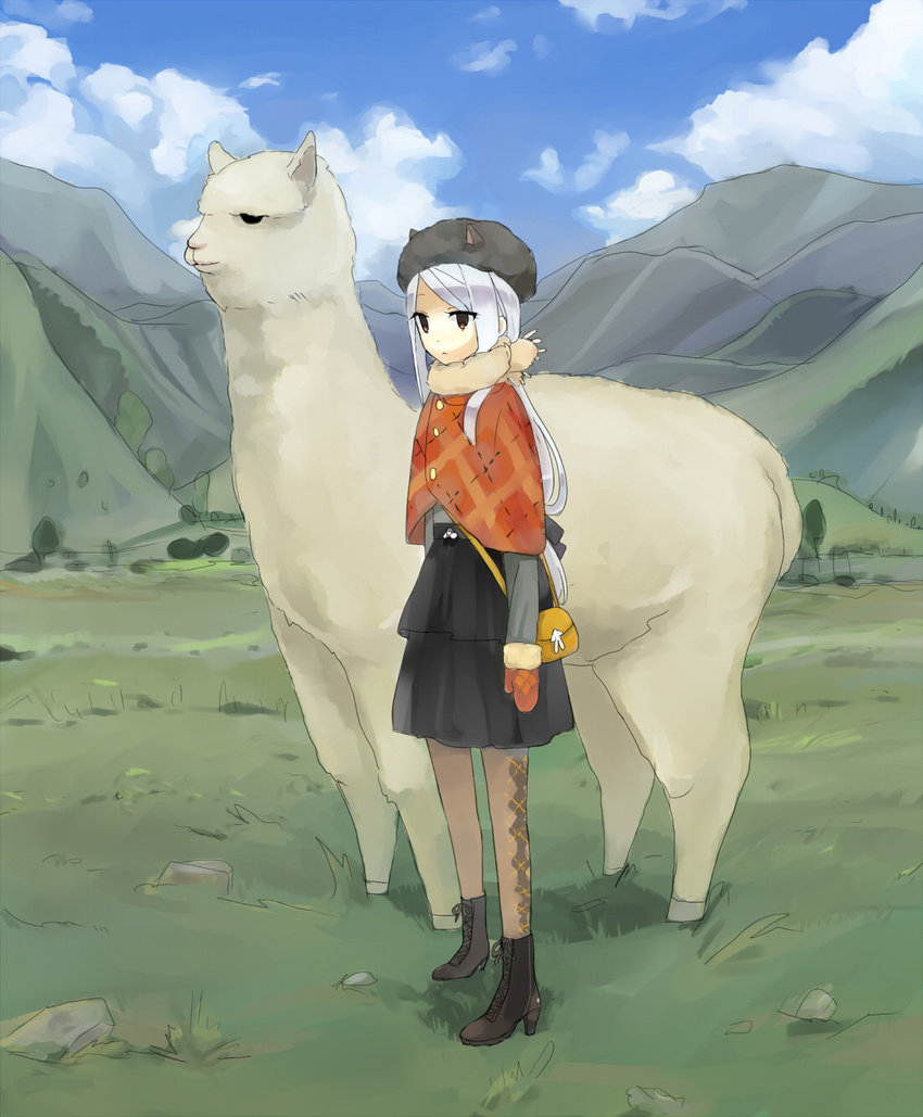 1girl animal animal_ears ankle_boots boots cloud copyright_request day gloves hat highres llama long_hair meadow mountain pantyhose pouch scarf solo white_hair