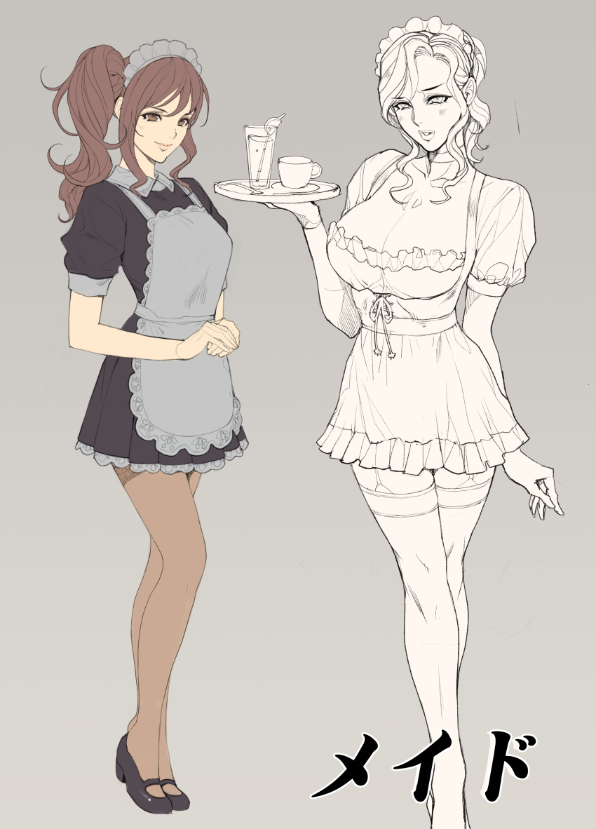 absurdres apron breasts choker cleavage coffee_cup cup disposable_cup dress drinking_glass drinking_straw enty_reward frills full_body garter_straps grey_background hair_ornament hands_together highres holding large_breasts maid maid_headdress mary_janes multiple_girls multiple_views oda_non original paid_reward parted_lips ponytail puffy_sleeves shoes short_dress short_sleeves side_ponytail sidelocks simple_background smile thighhighs waitress zettai_ryouiki
