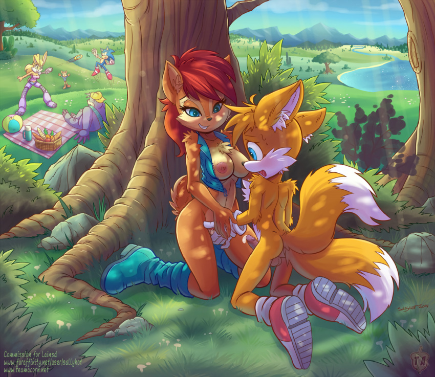 2014 age_difference anthro antoine_d'coolette archie_comics balls black_nose blonde_hair blue_eyes boots bottomless breasts brown_fur bunnie_rabbot canine chipmunk clothed clothing cloud coyote cub detailed_background dipstick_tail duo_focus edit erection female floppy_ears footwear fox fur gloves grass group hair hedgehog hi_res interspecies jacket jumping kneeling lagomorph larger_female long_hair male male/female mammal marine miles_prower mostly_nude mountain multicolored_tail nipples orgasm outside penis picnic pinniped precum pussy rabbit red_hair rodent rotor_the_walrus sally_acorn sallyhot shoes sitting size_difference sky smaller_male smile sonic_(series) sonic_the_hedgehog tree url video_games walrus water yellow_fur young