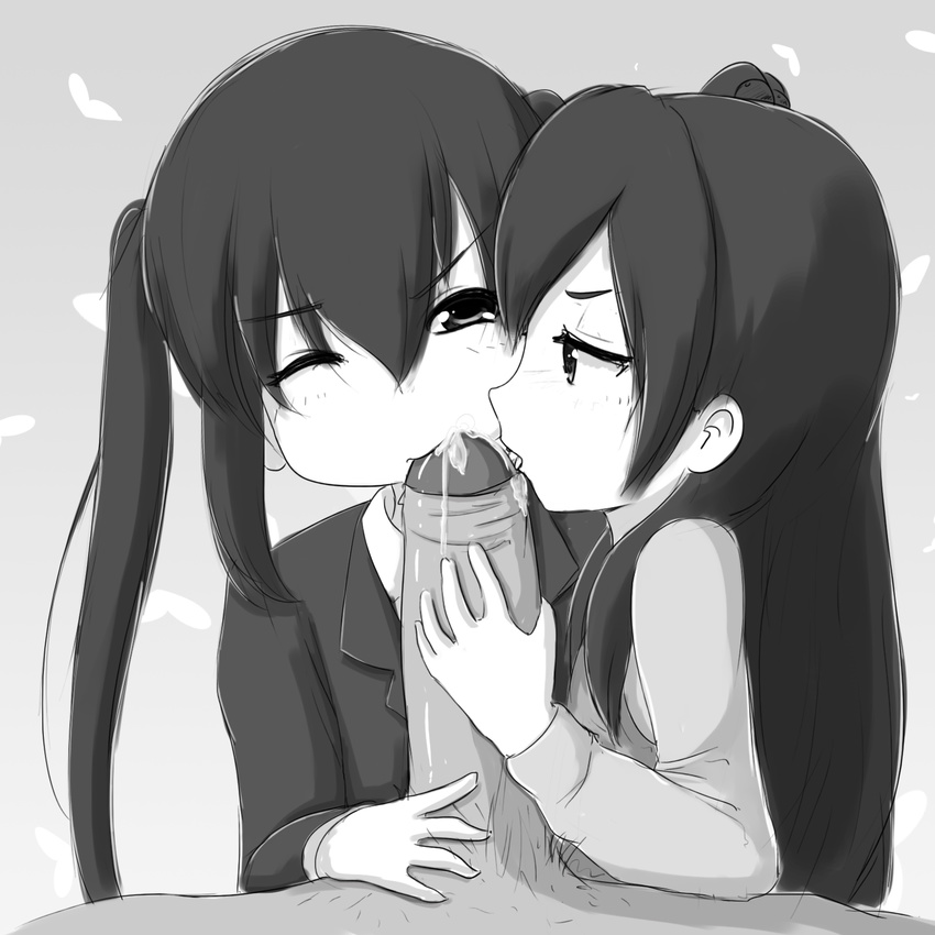 2girls anko_kitashirakawa azusa_nakano black_hair crossover cum fellatio handjob highres k-on! kitashirakawa_anko long_hair monochrome multiple_fellatio multiple_girls nakano_azusa oral penis tamako_market twintails