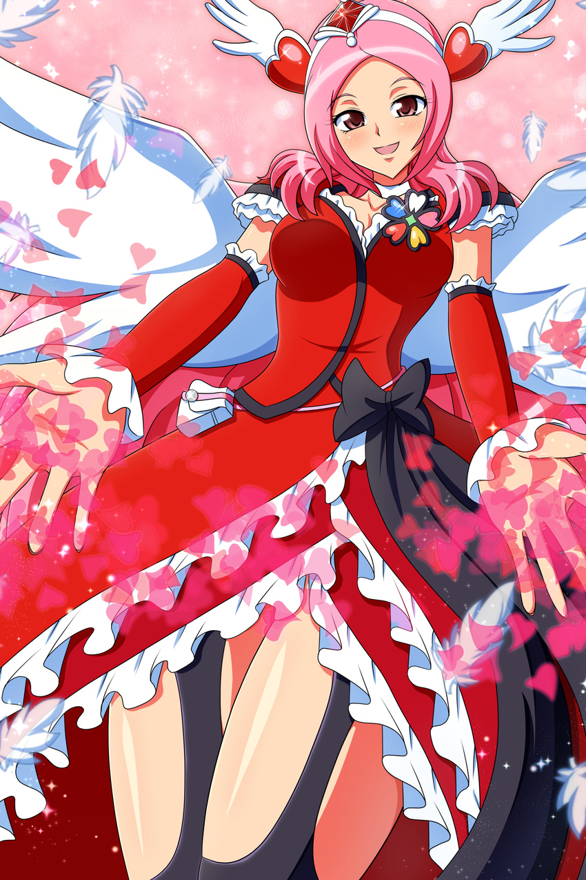 absurdres alternate_legwear angel_wings aokura_shou bow brooch choker cure_angel_(fresh_precure!) cure_passion dress feathers fresh_precure! frills hair_ornament head_wings heart heart_hair_ornament higashi_setsuna highres jewelry long_hair magical_girl petals pink_background pink_hair precure red_dress red_eyes ribbon smile solo thigh_strap thighhighs tiara white_choker white_wings wings