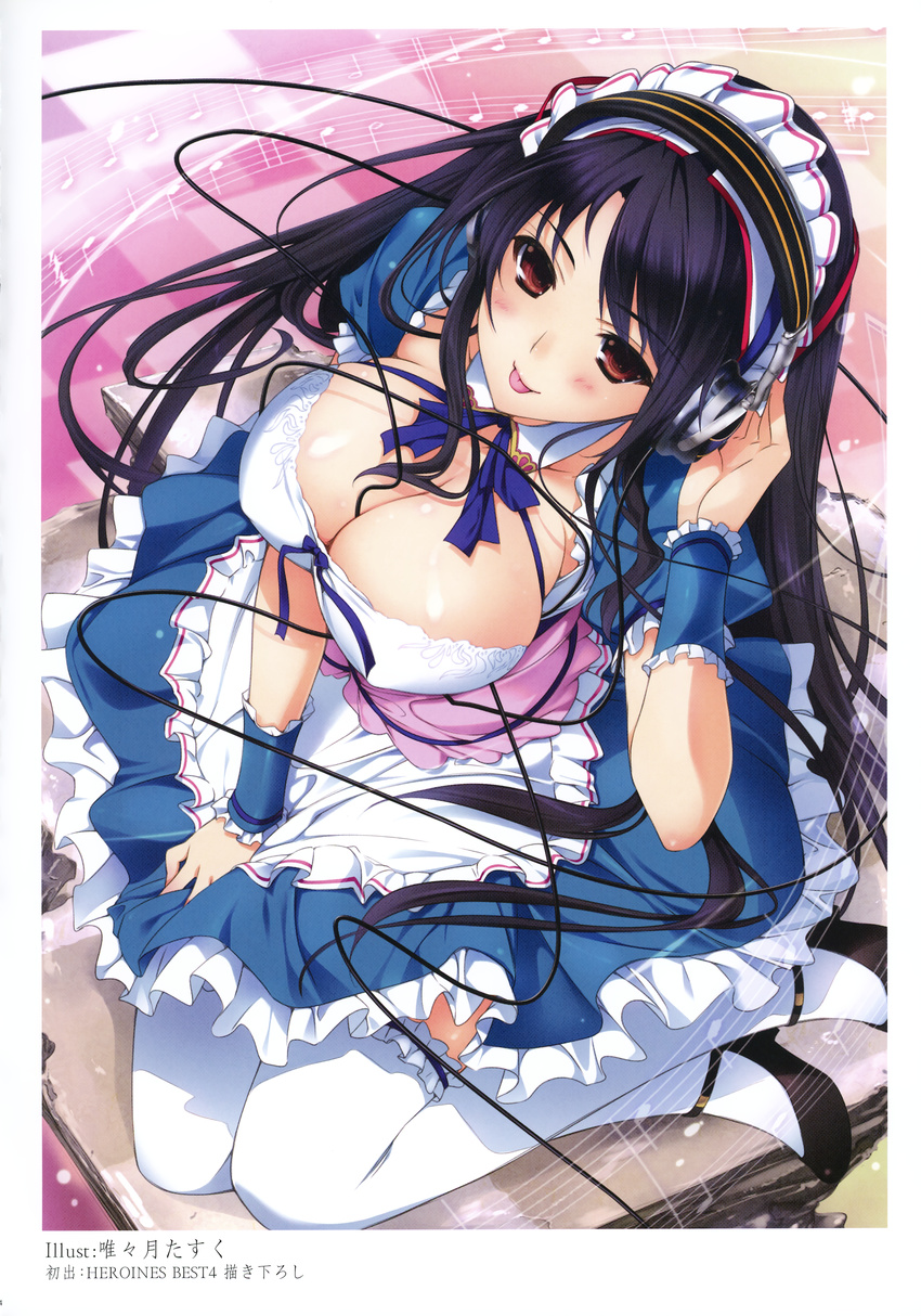 :p absurdres beamed_eighth_notes black_hair blue_bow blue_neckwear bow bowtie breasts checkered checkered_floor cleavage copyright_request downblouse dress from_above hairband half_note headphones highres iizuki_tasuku large_breasts long_hair looking_at_viewer looking_up maid musical_note perspective quarter_note red_eyes sharp_sign sitting solo staff_(music) thighhighs time_signature tongue tongue_out very_long_hair white_legwear yokozuwari