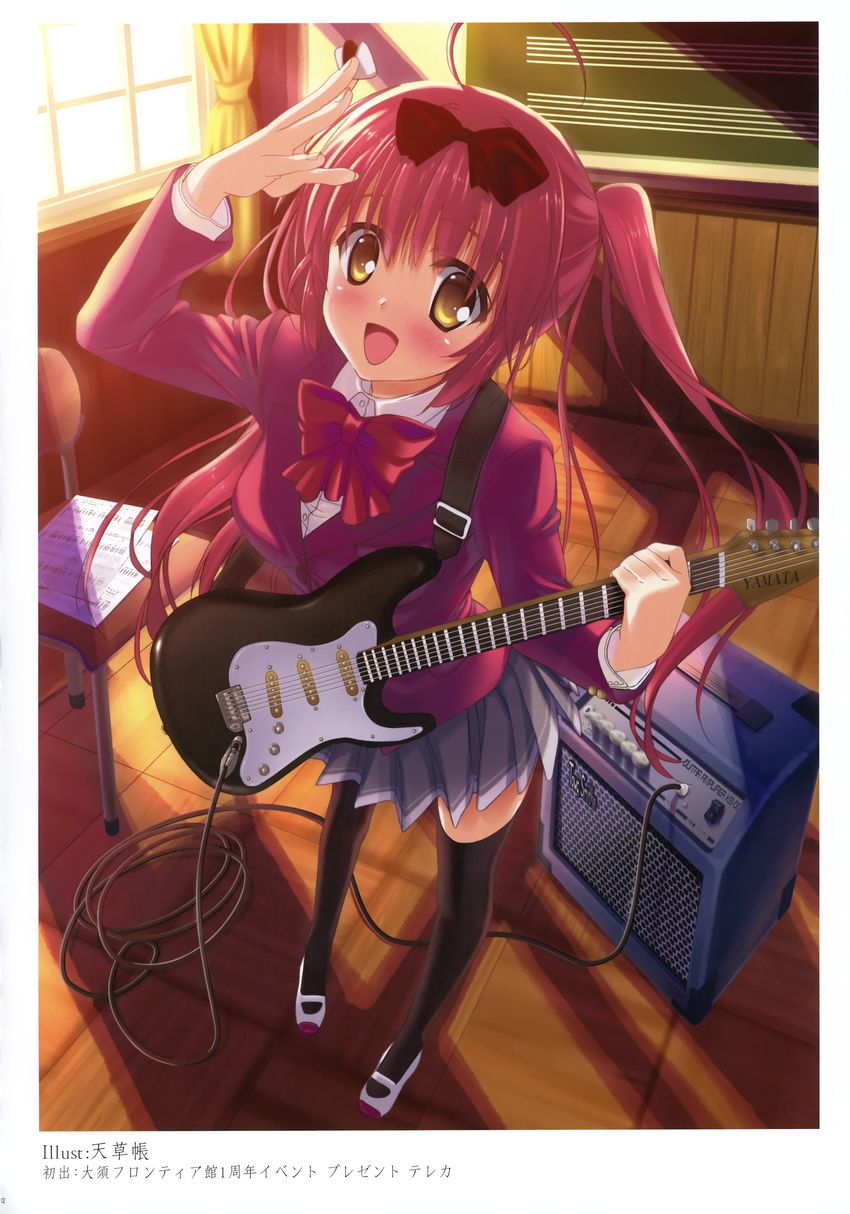 :d absurdres amplifier artist_request black_legwear blush cable chair chalkboard classroom copyright_request electric_guitar foreshortening guitar highres instrument looking_at_viewer mary_janes open_mouth pink_hair school shoes smile standing thighhighs twintails uwabaki wooden_floor yellow_eyes