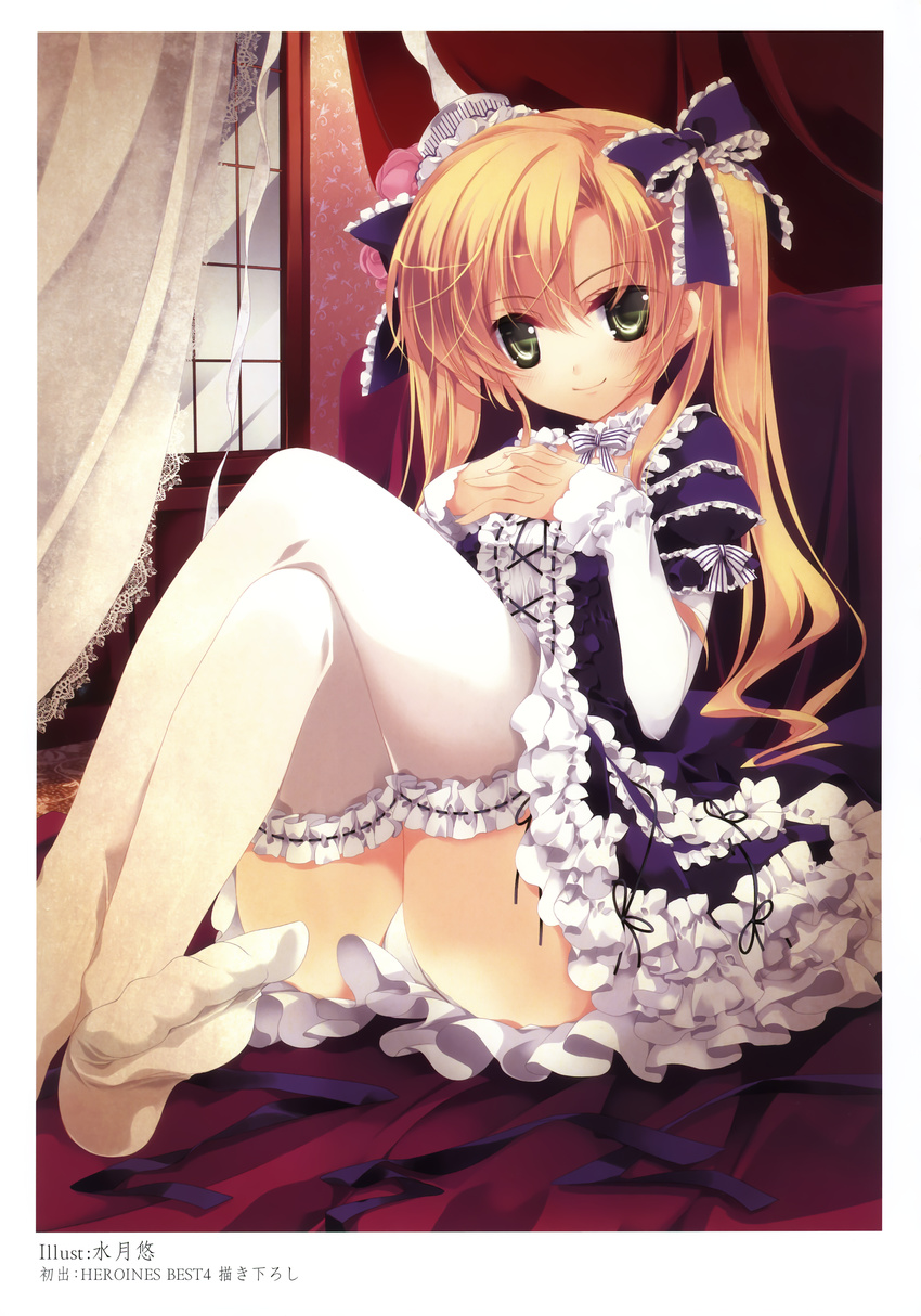 absurdres bed blonde_hair copyright_request crossed_legs dress feet frilled_dress frilled_legwear frills garters green_eyes hair_ribbon hands_clasped hands_on_own_chest highres knees_up legs lolita_fashion minazuki_haruka no_shoes own_hands_together panties pantyshot pantyshot_(sitting) ribbon sitting smile solo thighhighs too_many too_many_frills twintails underwear white_legwear white_panties window