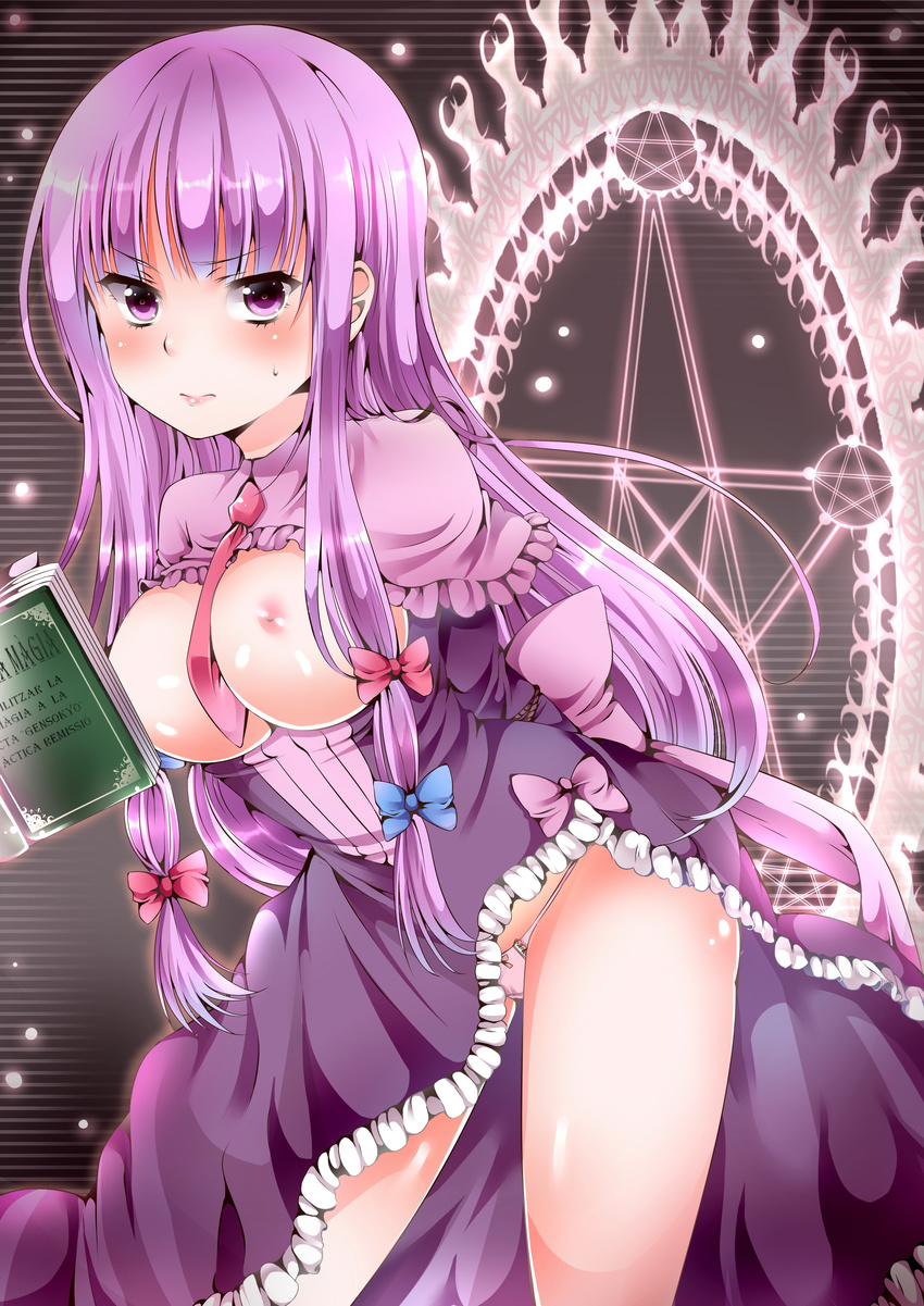 absurdres arms_behind_back bad_id bad_pixiv_id bangs bdsm between_breasts blue_ribbon blush bondage book bound bound_arms bow bow_panties breasts breasts_outside capelet catalan dress hair_ribbon highres large_breasts lips long_hair looking_at_viewer magic_circle necktie nipples open_clothes panties patchouli_knowledge pink_panties poru-poru_koron purple_eyes purple_hair red_ribbon ribbon solo standing sweat touhou translated tress_ribbon underwear