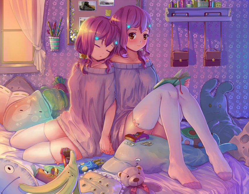 bag banana bed blush book chips fangxiang_cuoluan feet food fruit hair_ornament hairclip highres holding_hands indoors legs multiple_girls original pencil pillow pink_hair pocky pringles shoulder_bag siblings sisters sleeping stuffed_animal stuffed_toy teddy_bear thighhighs wallpaper_(object) white_legwear yellow_eyes