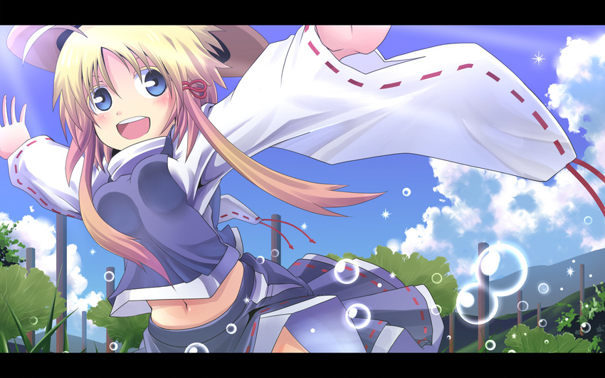 blonde_hair blue_eyes blue_sky bubble cloud day hair_ribbon hat irie_keisuke_(handn) letterboxed long_sleeves looking_at_viewer midriff moriya_suwako navel open_mouth outstretched_arms ribbon shirt skirt skirt_set sky smile solo touhou vest wallpaper wide_sleeves